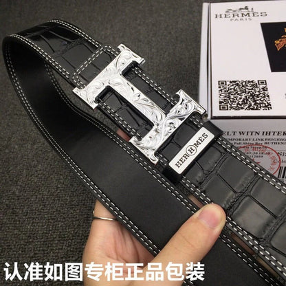 HM Belt 38mm Black Crocodile Leather Sliver Buckle 619362