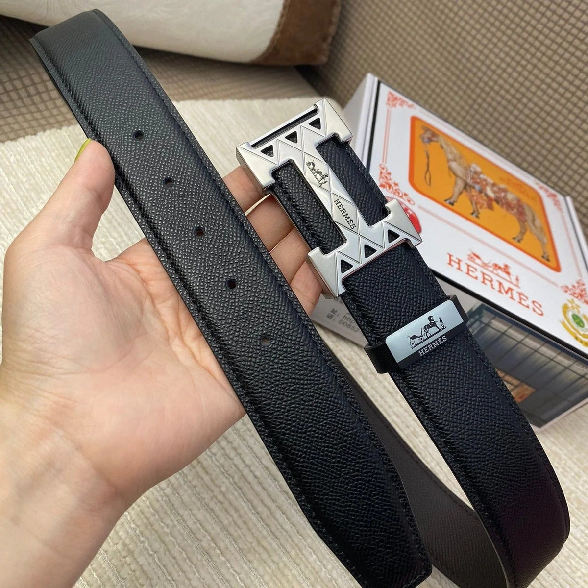 HM Belt 38mm Black Cowhide Leather Sliver Buckle 619066