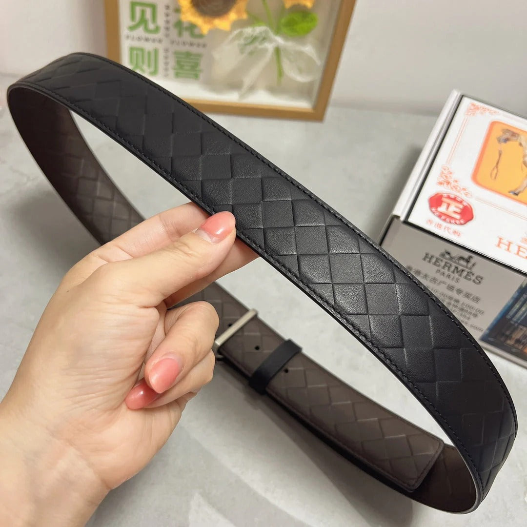 HM Belt 38mm Black Calfskin Leather Sliver Buckle 619595