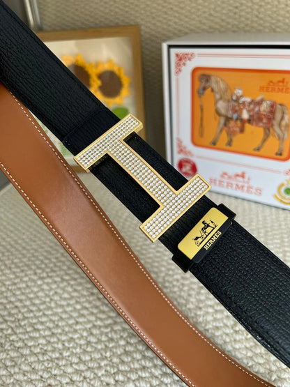 HM Belt 38mm Black Brown Cowhide Gold Diamond Buckle 618968