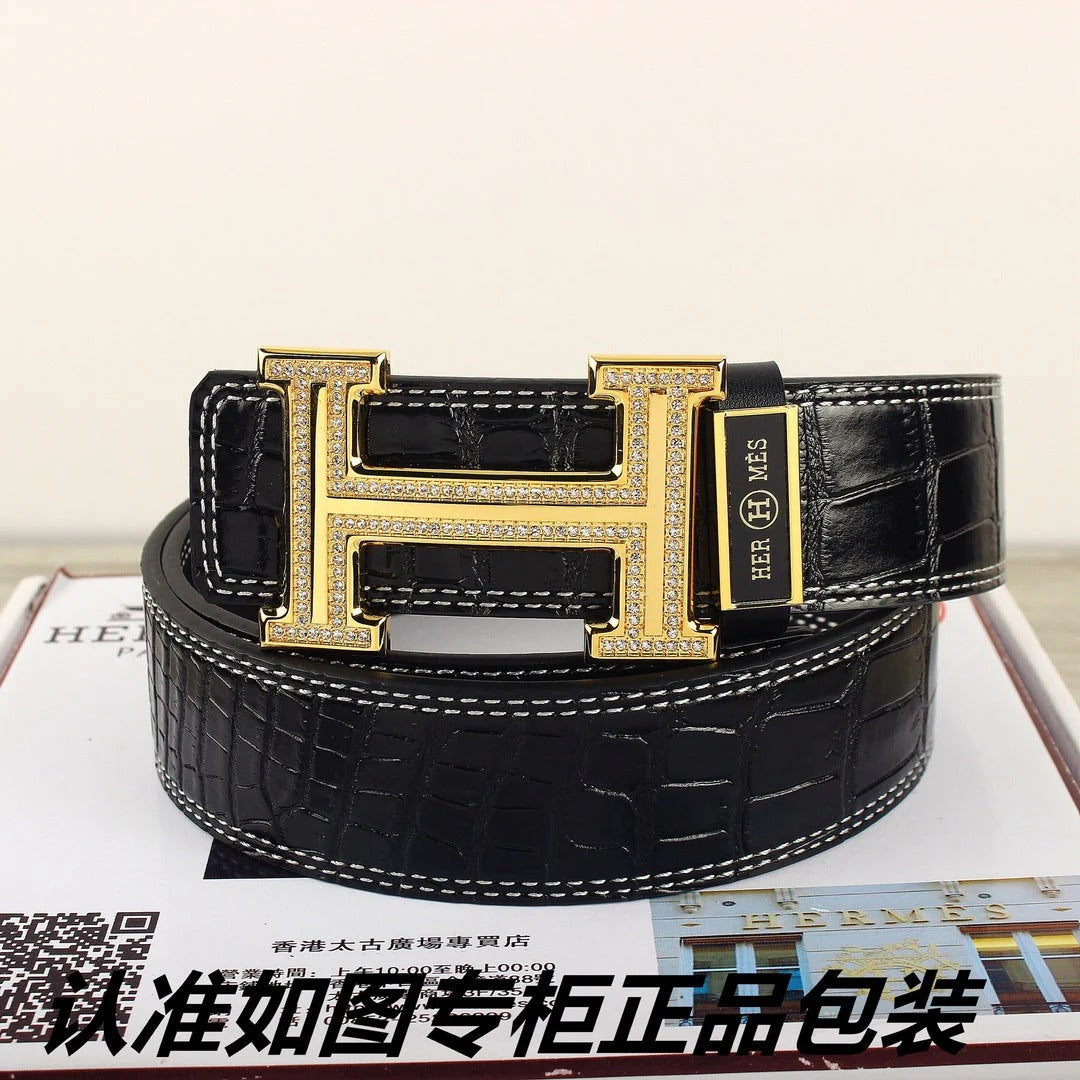 HM Original Belt 38mm Black Crocodile Pattern Gold Buckle 620264