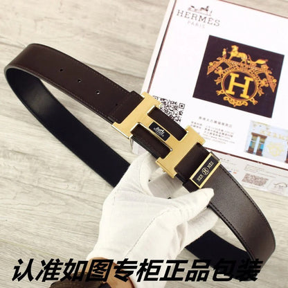 HM Double-sided Belt 38mm Black Cowhide Gold Buckle 620361