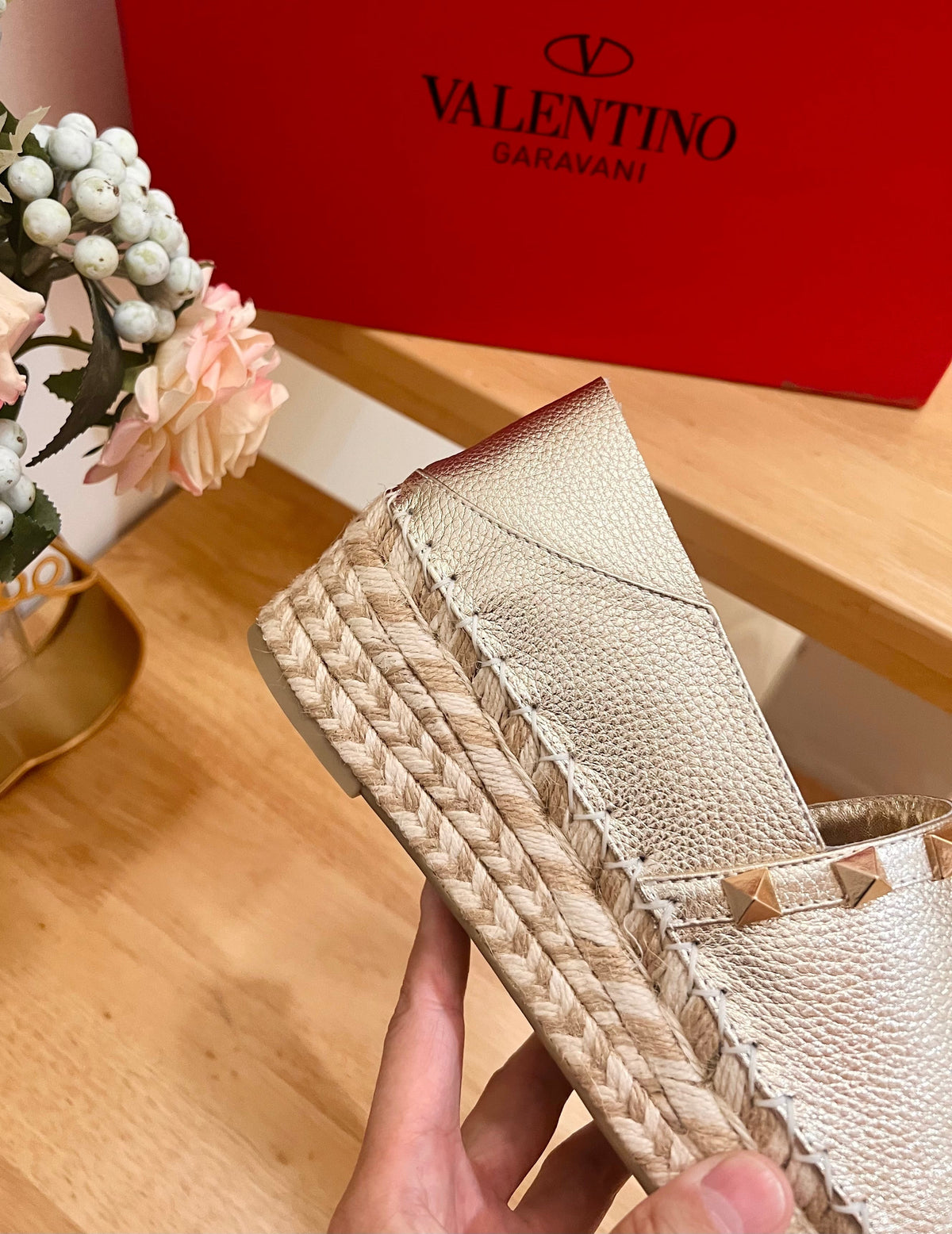 Valentino Rockstud Embellished Slip On Espadrille Silver Cowhide 240571