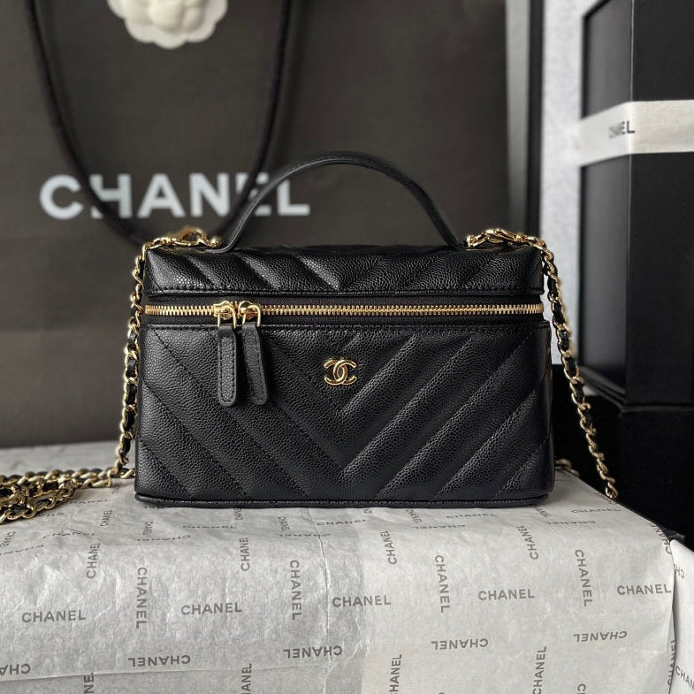 Chanel 2026 V-Shaped Quilted Chain Bag 19.5cm Black Caviar Leather