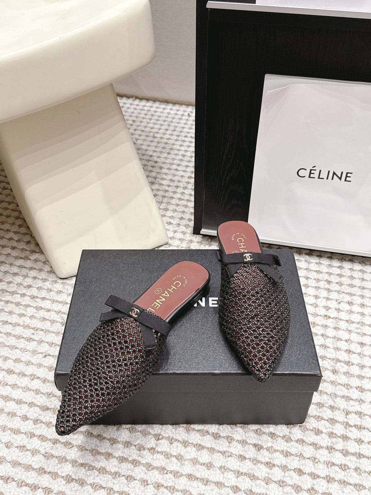 Chanel 26S Pointed-Toe Mules In Black Mesh