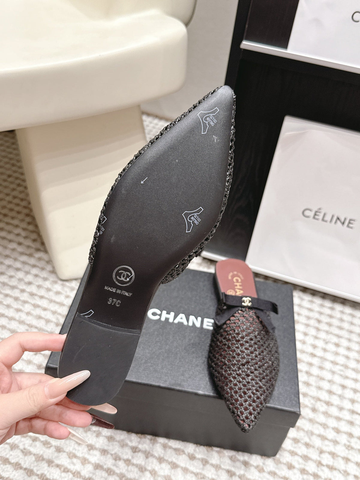 Chanel 26S Pointed-Toe Mules In Black Mesh