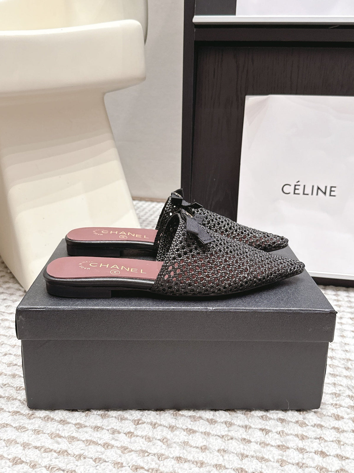 Chanel 26S Pointed-Toe Mules In Black Mesh