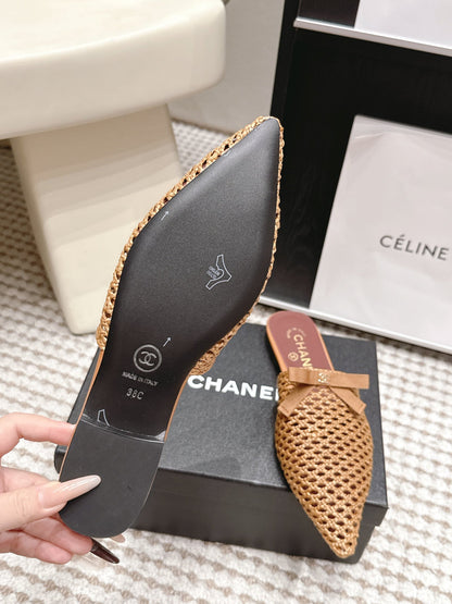 Chanel 26S Pointed-Toe Mules In Camel Brown Mesh