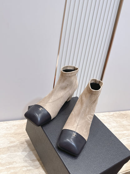 CC Suede Cap-Toe Ankle Boots Black Beige Leather Suede 954086