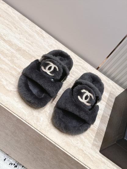 CC 26s Shearling Slides 2cm Dark Grey Fur 121629