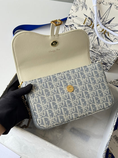 CD Medium Saddle Pouch with Chain 21.5cm White Grey Jacquard Cowhide GHW