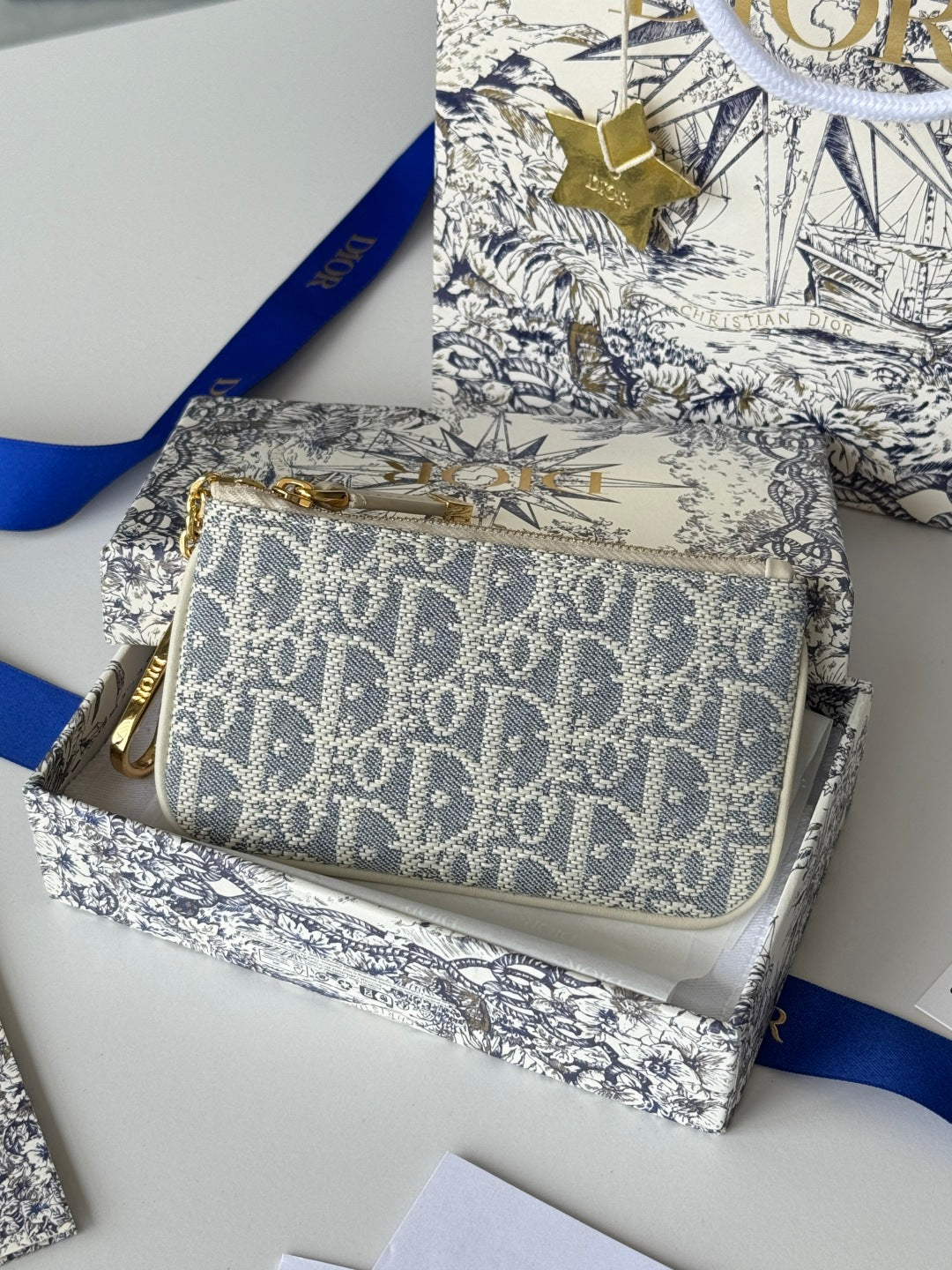 CD 30 Montaigne Coin Purse Key Bag Grey White Jacquard GHW