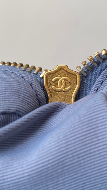 Chanel 25 Large Cargo Hobo Bag Blue Gold Denim Fabric