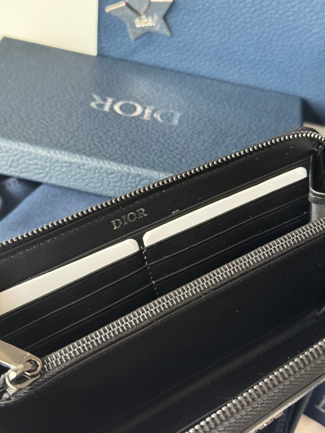 CD Diamond Zipped Long Wallet Black Blue Canvas & Cowhide