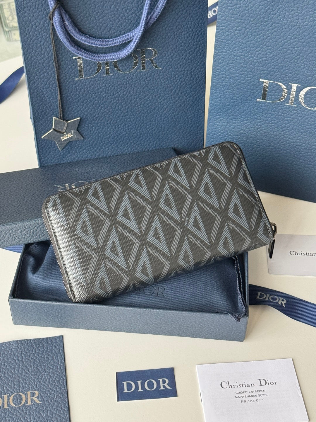 CD Diamond Zipped Long Wallet Black Blue Canvas & Cowhide