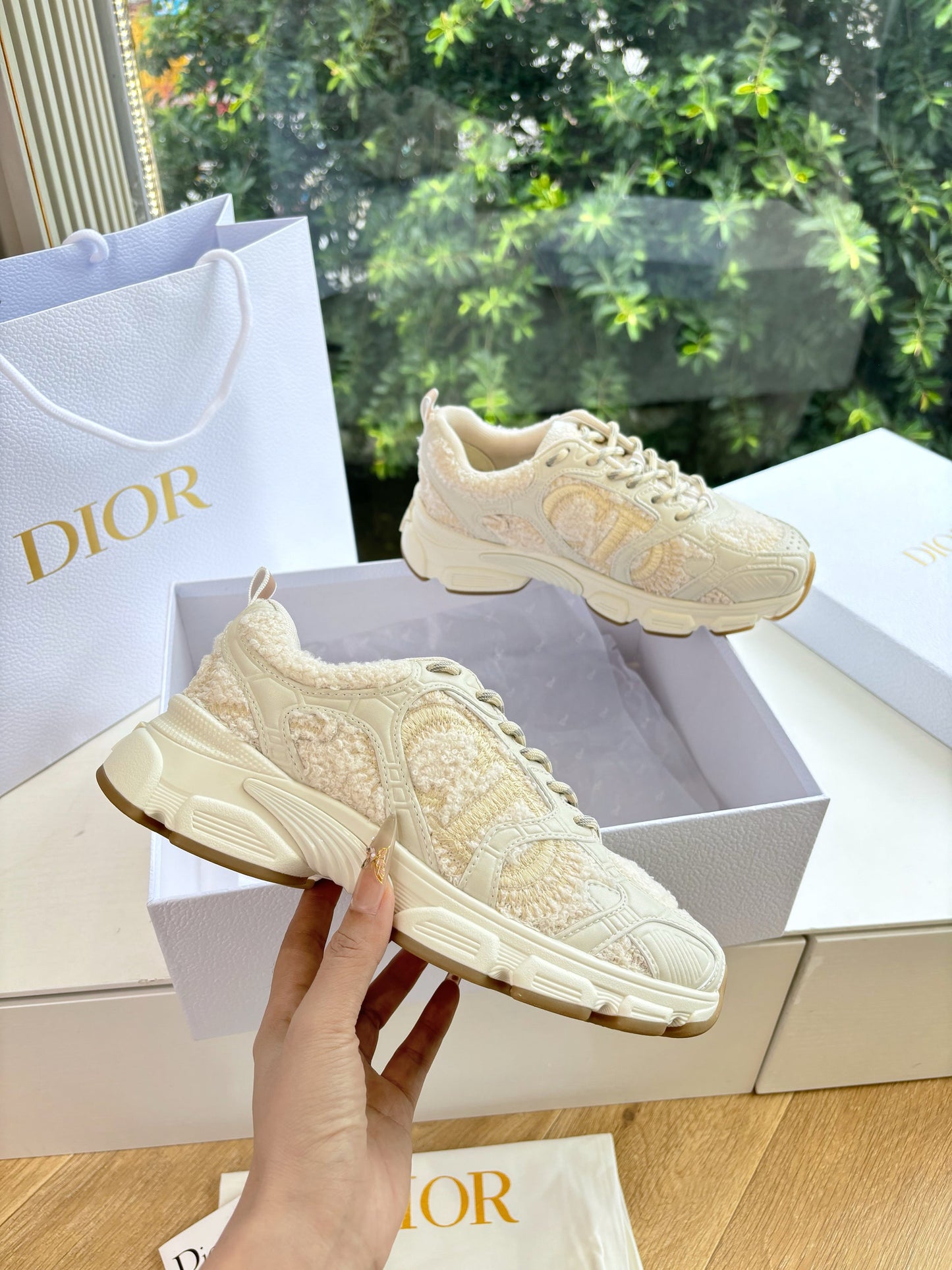 Dior Chrono Sneaker Beige Technical Wool and Leather 506845