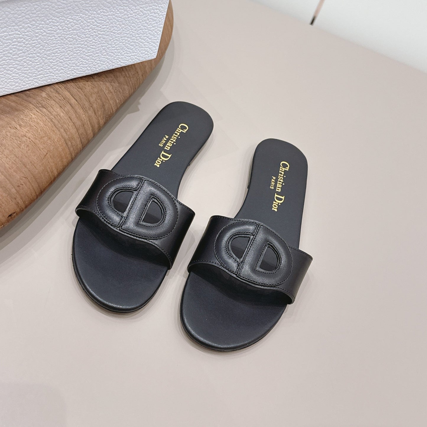 CD 26s Round-Toe Slide Sandals Black Calfskin 738237