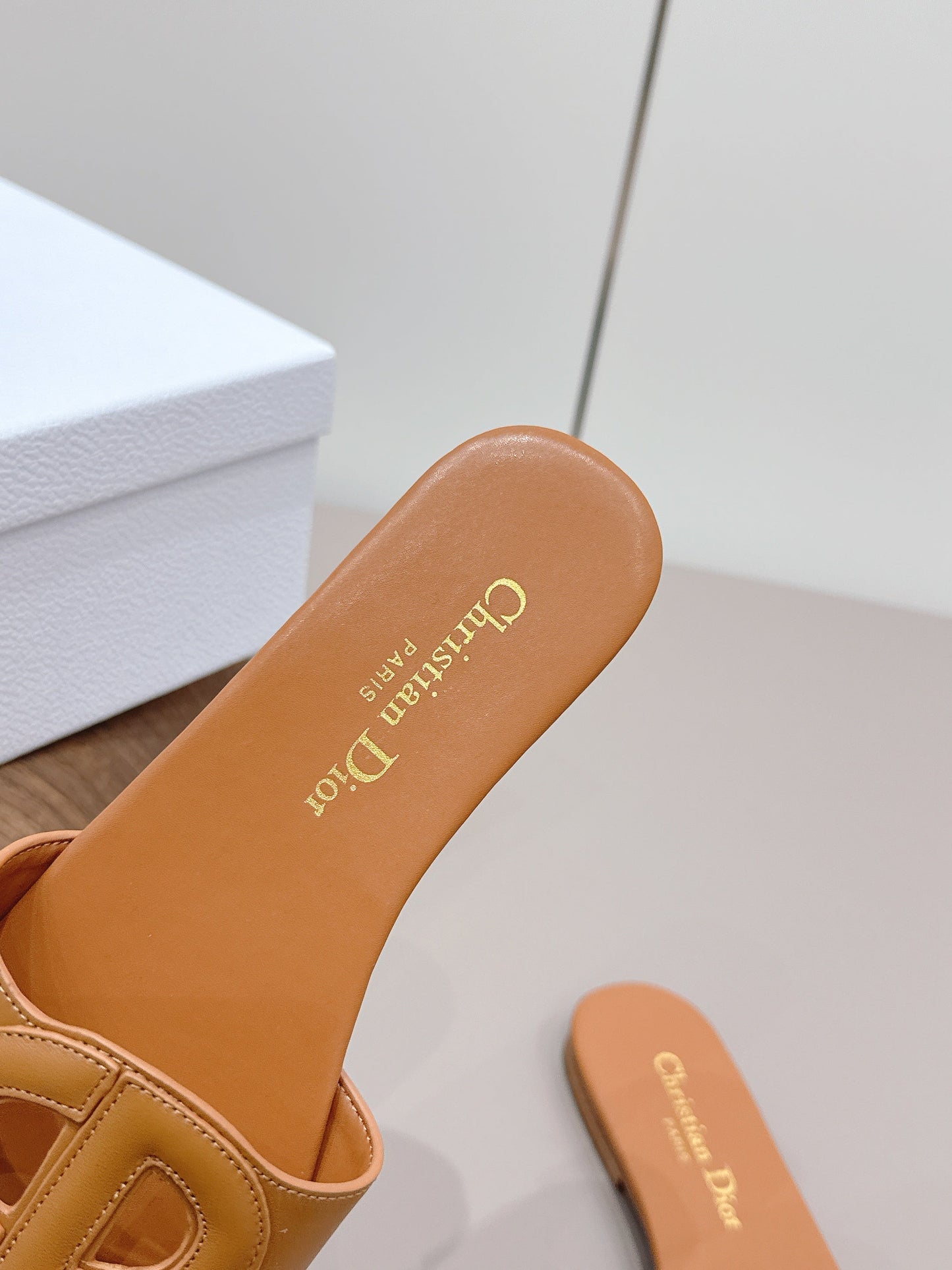 CD 26s Round-Toe Slide Sandals Tan Calfskin 738238
