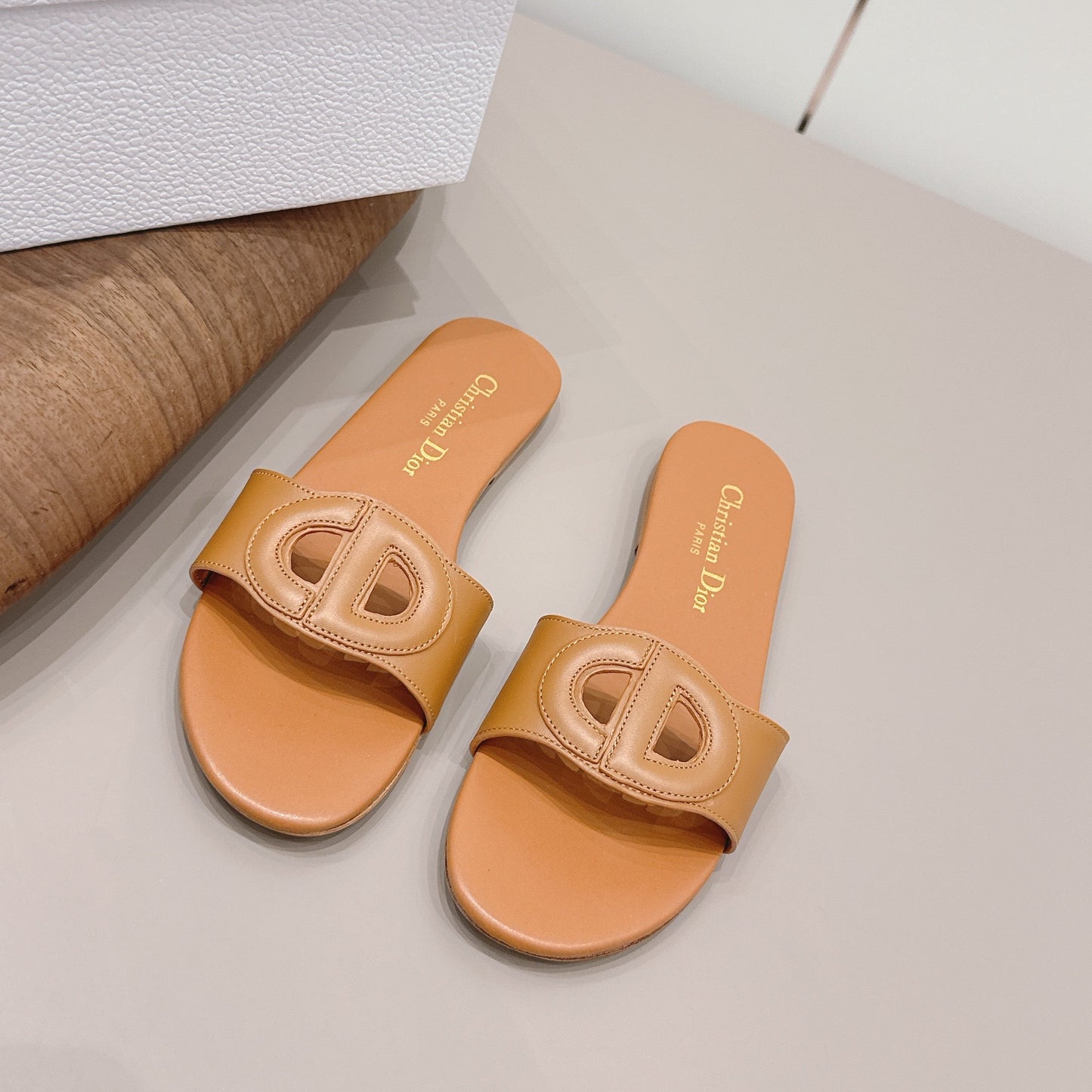 CD 26s Round-Toe Slide Sandals Tan Calfskin 738238