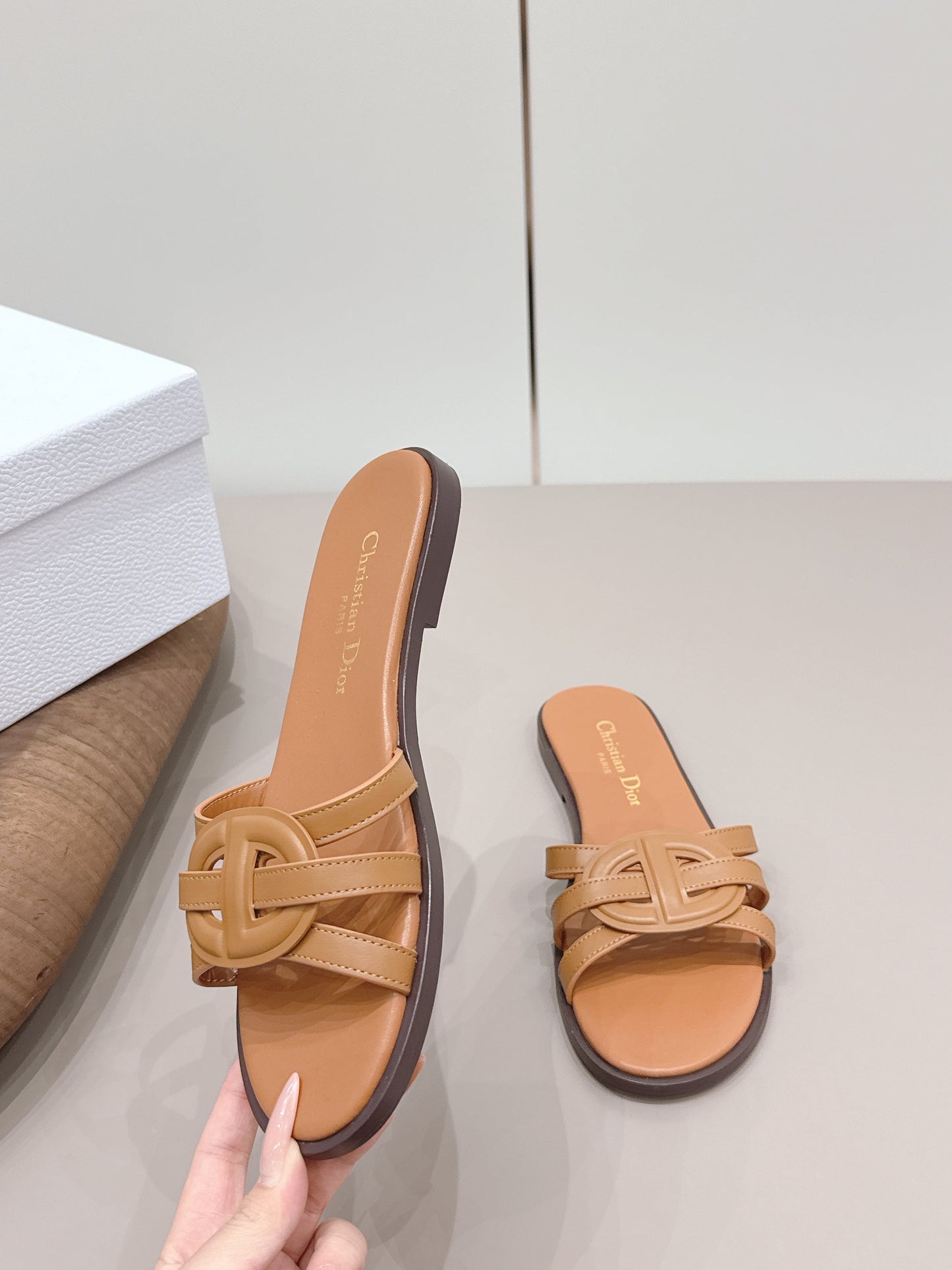 CD 26s D-Club Slide Sandal Tan Calfskin 738246