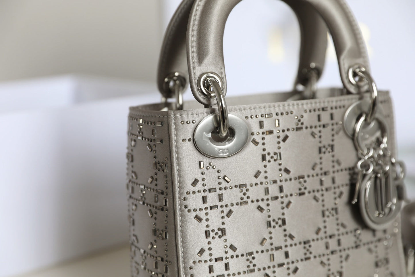 CD Lady Dior Mini Diamond Bag Gray Satin