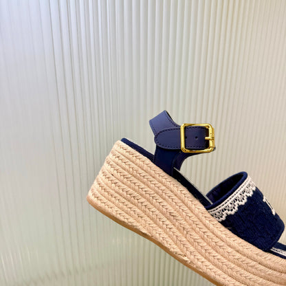 CD Dentelle Wedge Sandals Dark Blue Cotton 832466