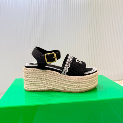 CD Dentelle Wedge Sandals Black Cotton 832468