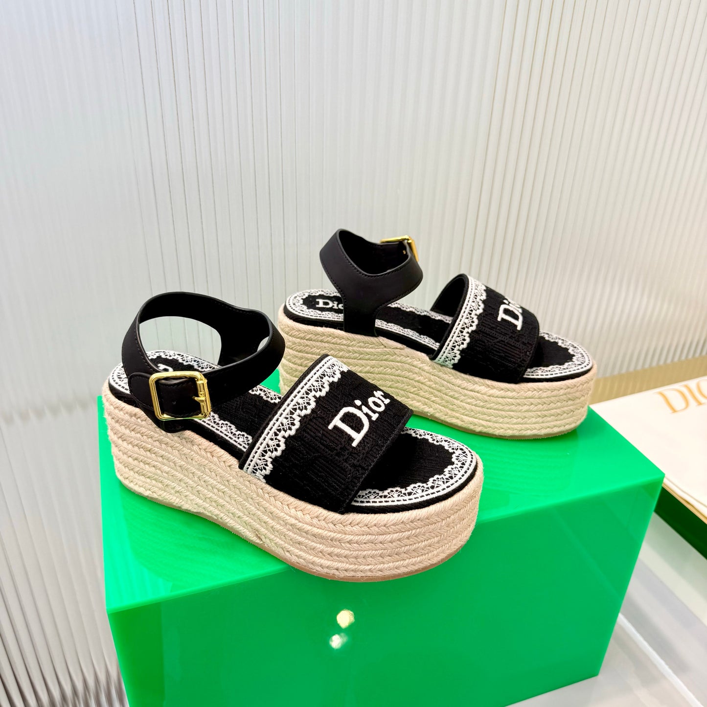 CD Dentelle Wedge Sandals Black Cotton 832468