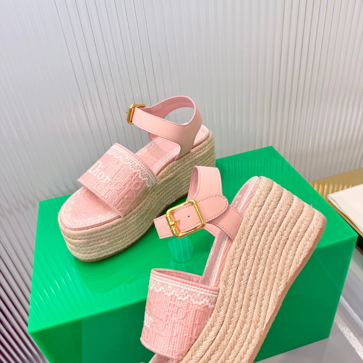CD Dentelle Wedge Sandals Light Pink Cotton 832469