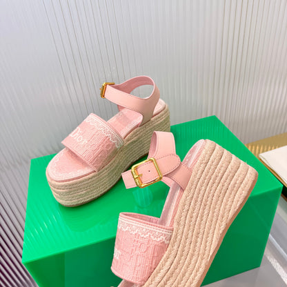 CD Dentelle Wedge Sandals Light Pink Cotton 832469