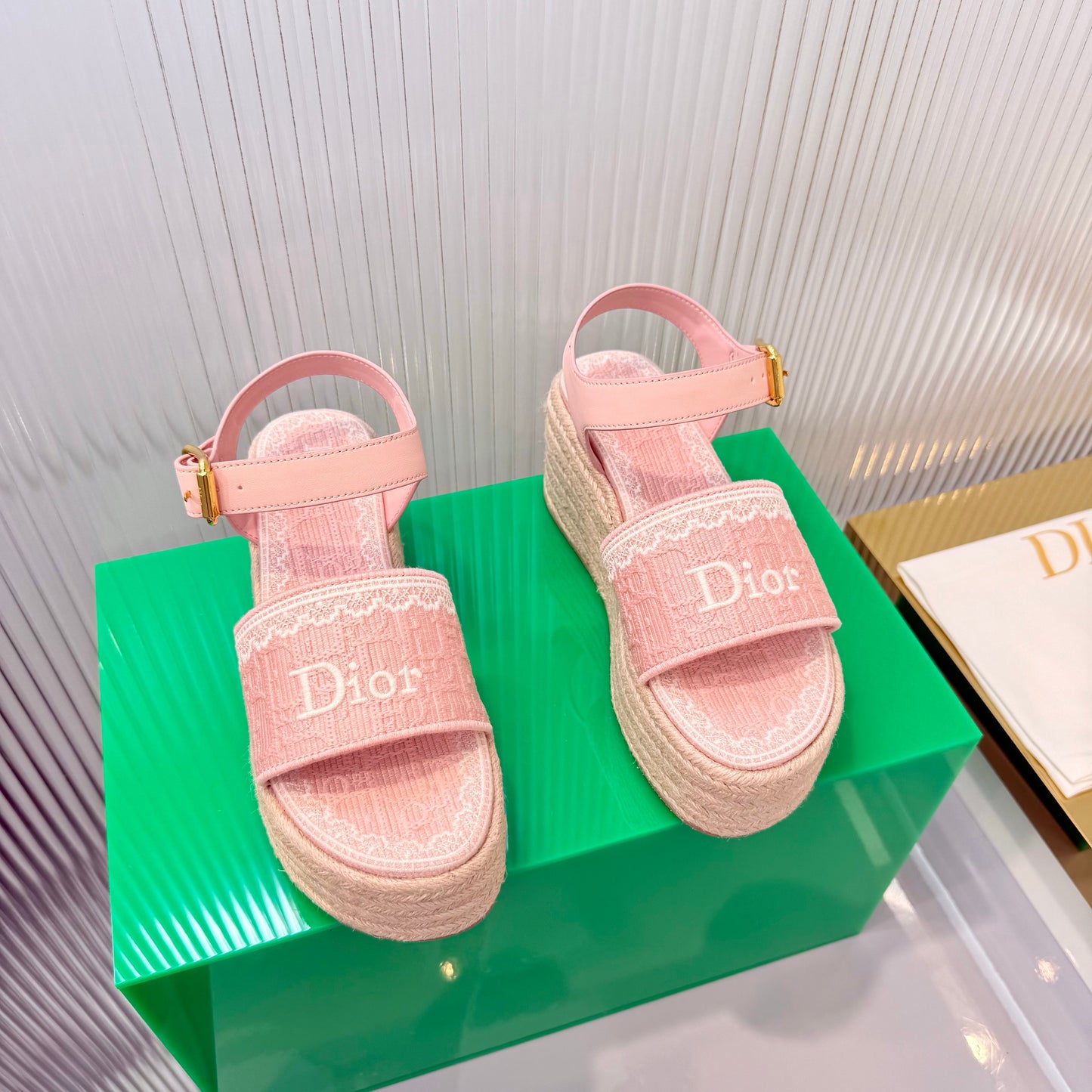 CD Dentelle Wedge Sandals Light Pink Cotton 832469
