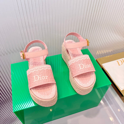 CD Dentelle Wedge Sandals Light Pink Cotton 832469