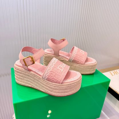CD Dentelle Wedge Sandals Light Pink Cotton 832469