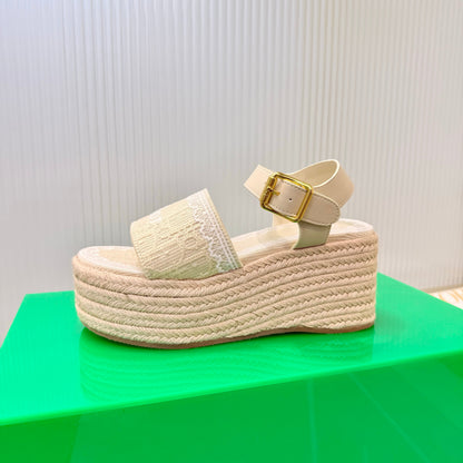 CD Dentelle Wedge Sandals Light Beige Cotton 832470