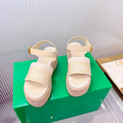 CD Dentelle Wedge Sandals Light Beige Cotton 832470