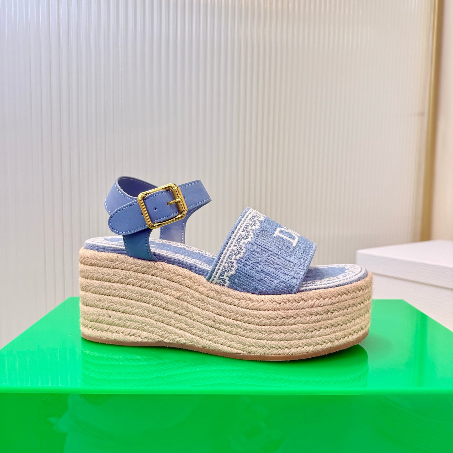 CD Dentelle Wedge Sandals Light Blue Cotton 832471