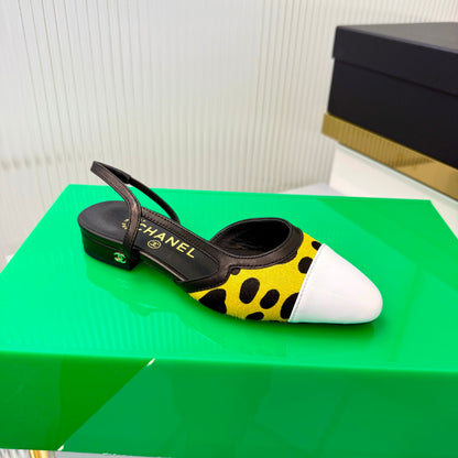 CC Slingback Flat White Yellow Leopard-Print Leather 923832