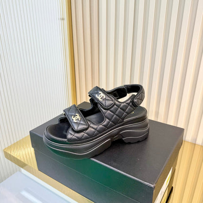 Chanel 26S Platform Velcro Sandals in Black Lambskin