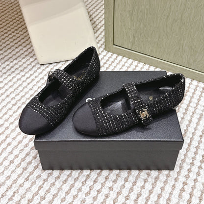 Chanel 25s Mary Jane Flat In Black Tweed With Cap Toe Gold Hardware