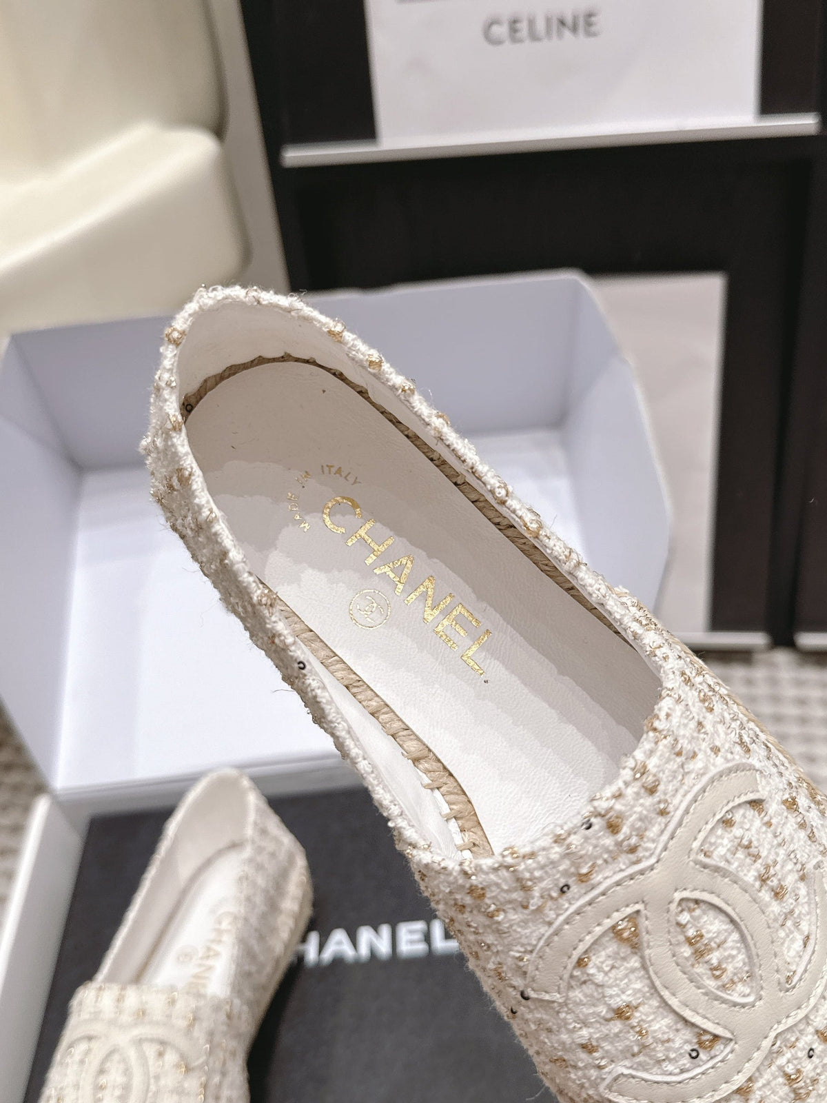 CC 26s Slip Ons White Tweed Patent Calfskin
