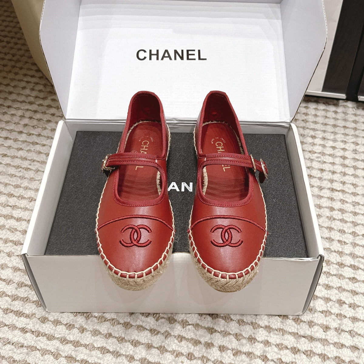 Chanel 26S Mary Jane Flats In Dark Red Lambskin Espadrille Sole