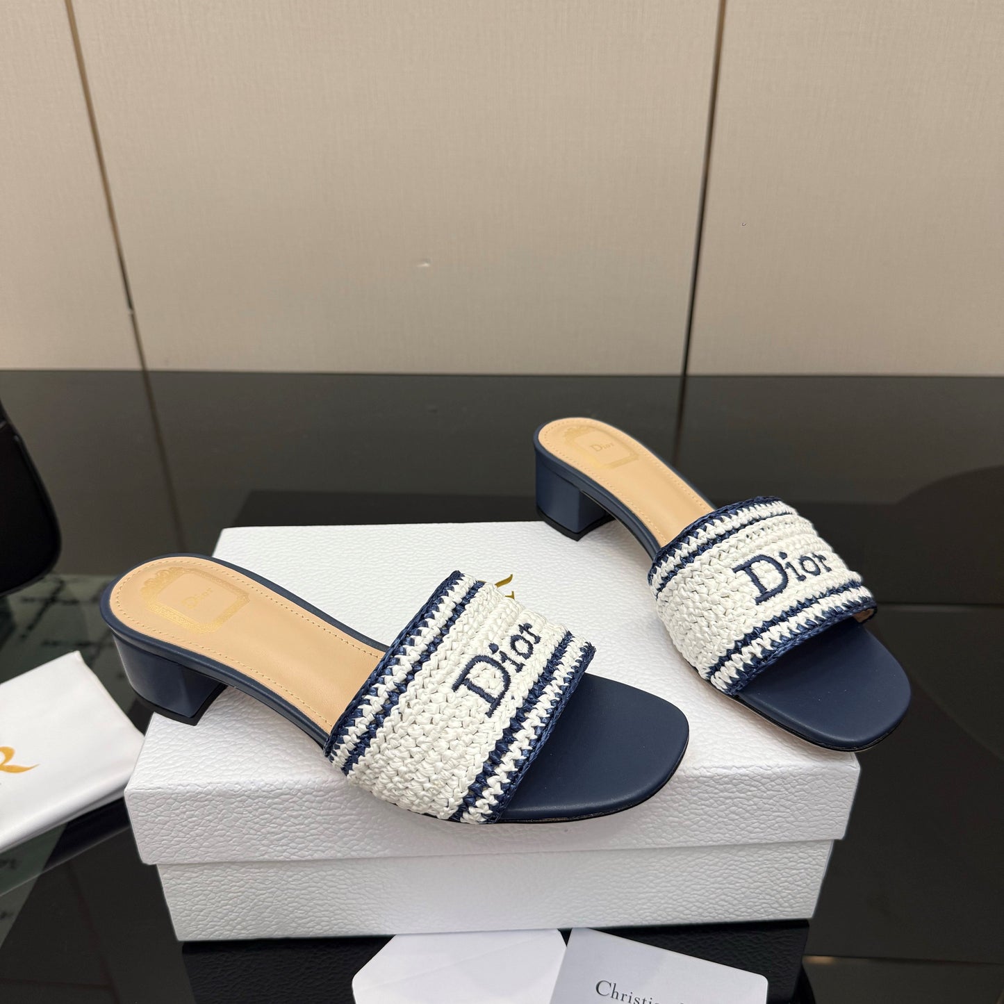 CD Dioriviera Woven Slides 4cm White Blue Fabric Goatskin 828261