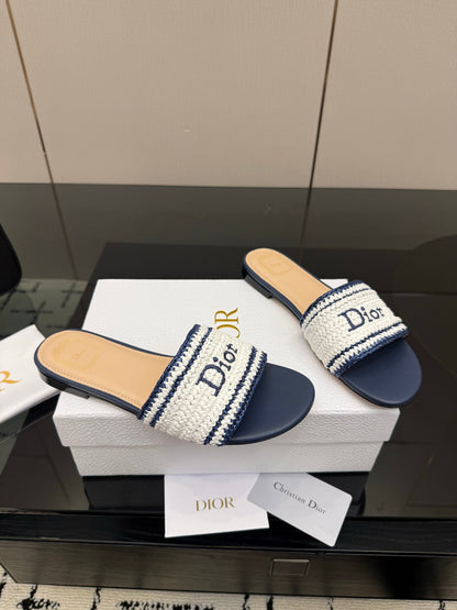 CD Dioriviera Woven Slides White Blue Fabric Goatskin 828262