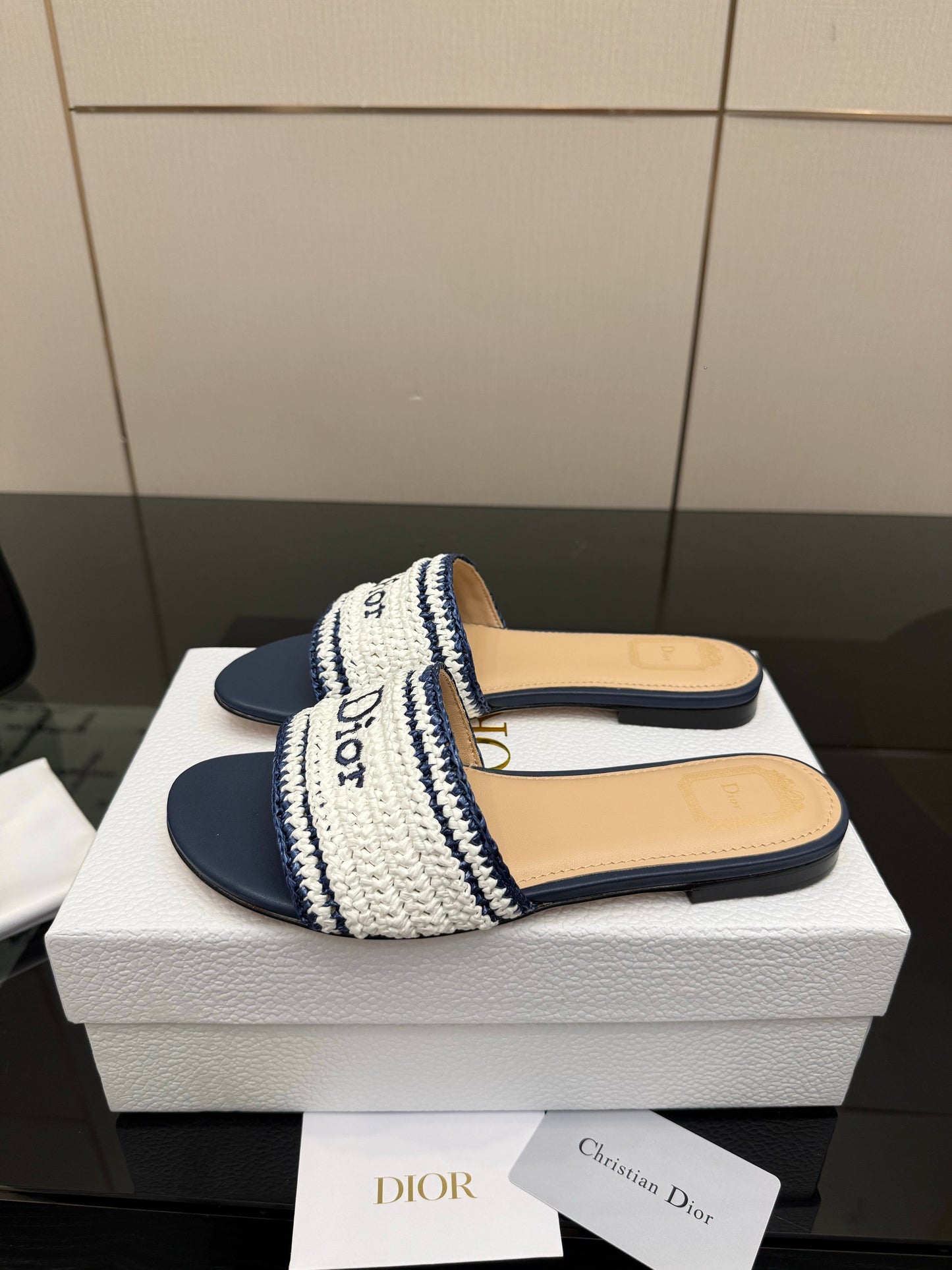 CD Dioriviera Woven Slides White Blue Fabric Goatskin 828262