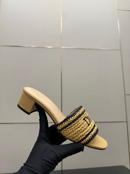 CD Dioriviera Woven Slides 4cm Beige Fabric Goatskin 828263