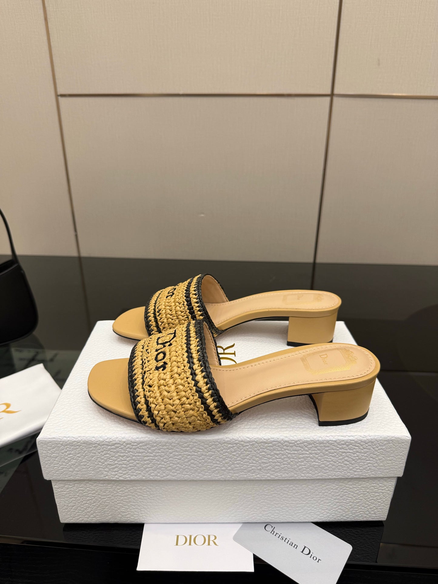 CD Dioriviera Woven Slides 4cm Beige Fabric Goatskin 828263