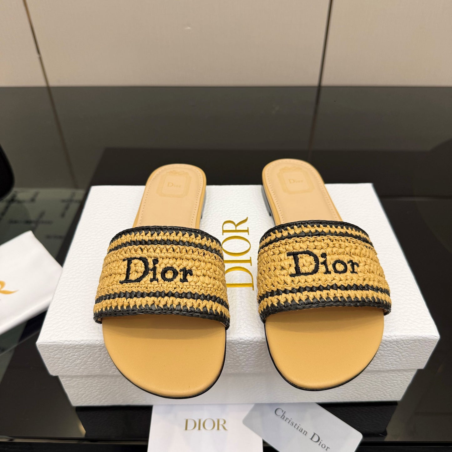 CD Dioriviera Woven Slides Beige Fabric Goatskin 828264