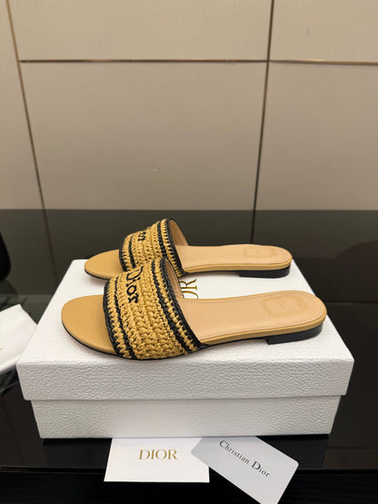 CD Dioriviera Woven Slides Beige Fabric Goatskin 828264