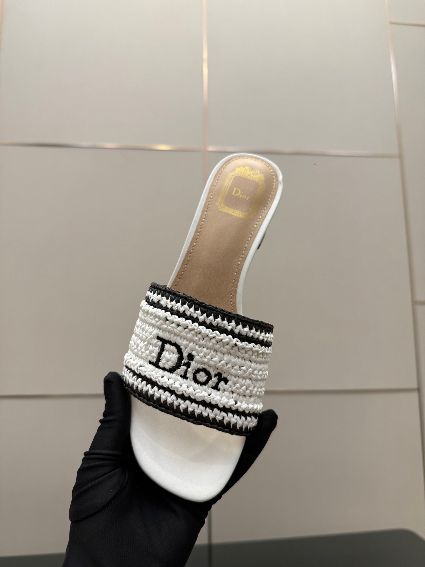 CD Dioriviera Woven Slides 4cm White Fabric Goatskin 828265