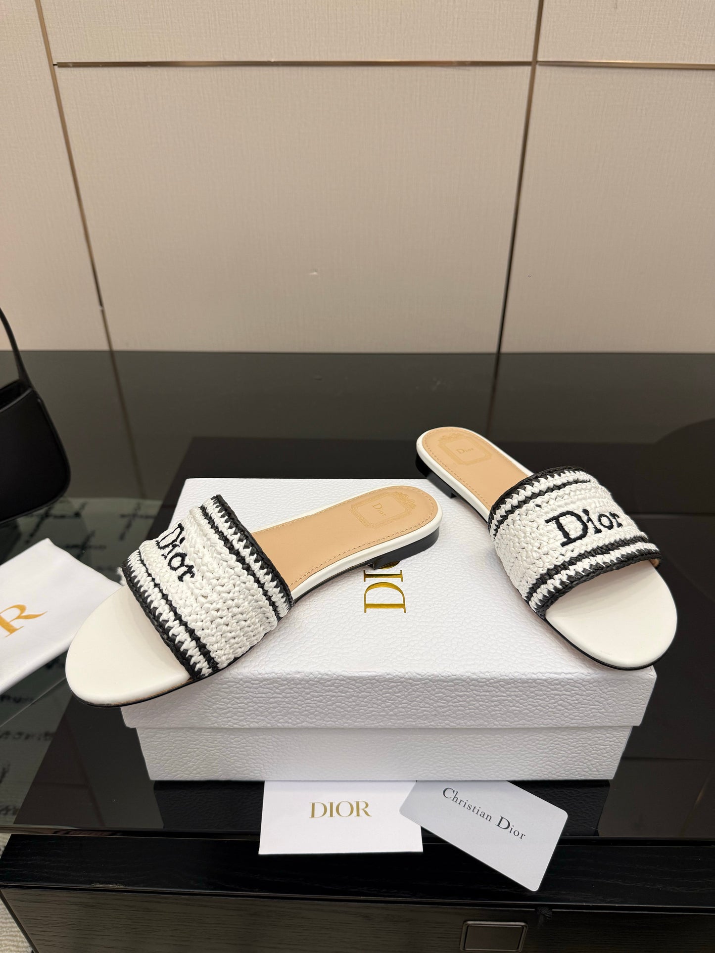 CD Dioriviera Woven Slides White Fabric Goatskin 828267